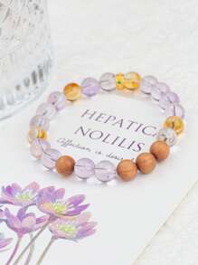 VE 1pc High Quality Silver Natural Amethyst & Citrine Beads Bracelet, Combining Purple & Yellow Charm, Paired With Fine-Textured Sandalwood, Radiating Alluring Luster & Subtle Fragrance. This Bracelet Symbolizes Prosperity, Lucky & Peace, Bringing Good Fortune & Tranquility. Natural Gemstone Color Varies.