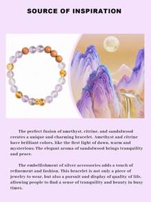VE 1pc High Quality Silver Natural Amethyst & Citrine Beads Bracelet, Combining Purple & Yellow Charm, Paired With Fine-Textured Sandalwood, Radiating Alluring Luster & Subtle Fragrance. This Bracelet Symbolizes Prosperity, Lucky & Peace, Bringing Good Fortune & Tranquility. Natural Gemstone Color Varies.