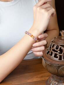 VE 1pc High Quality Silver Natural Amethyst & Citrine Beads Bracelet, Combining Purple & Yellow Charm, Paired With Fine-Textured Sandalwood, Radiating Alluring Luster & Subtle Fragrance. This Bracelet Symbolizes Prosperity, Lucky & Peace, Bringing Good Fortune & Tranquility. Natural Gemstone Color Varies.