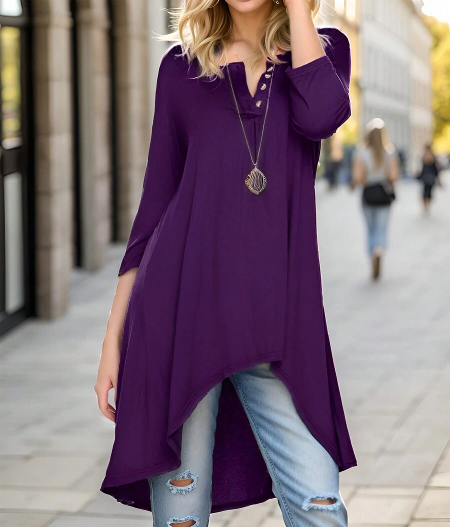 Women's Three Quarter Sleeve Button Up V Neck High Low Loose Casual Long Tunic T-Shirt - Màu tím - Xem 1
