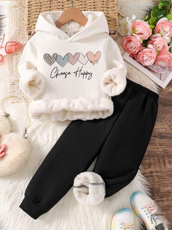 Set de 2 piezas con sudadera con capucha y pantalones con estampado de corazón para niñas