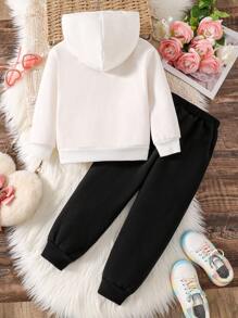 Set de 2 piezas con sudadera con capucha y pantalones con estampado de corazón para niñas - Blanco - Ver 2
