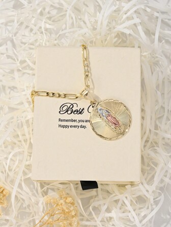  1pc Fashion European Style 14K Gold Plated Copper Inlaid Zirconia 3-Color Hand-Painted Virgin Mary Pendant Necklace, Wishing The Best Gift Box, Suitable For Mothers, Couples, Best Friends, Daily/Holiday Wear & Prayer