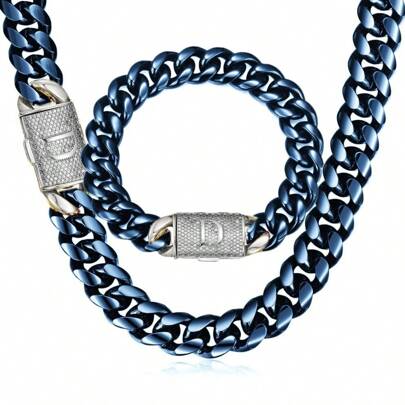 2pcs Thick 18K Golden Plated Hip Hop Jewelry Set Blue Stainless Steel 14mm Men Curb Punk Link Chain Silvery Initial Letter D Buckle  Necklace Bracelet