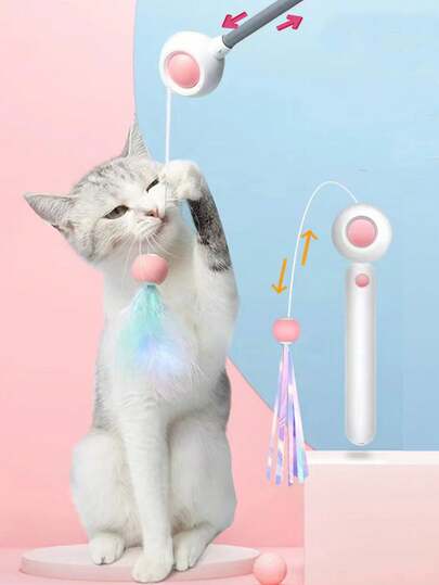 1pc Random Color Retractable Cat Teaser Wand With 2 Replacement Feather Toys, Christmas Gift For Pets, Suitable For Interactive Cat Toys (Feathers Are Made Of Chicken Feathers)