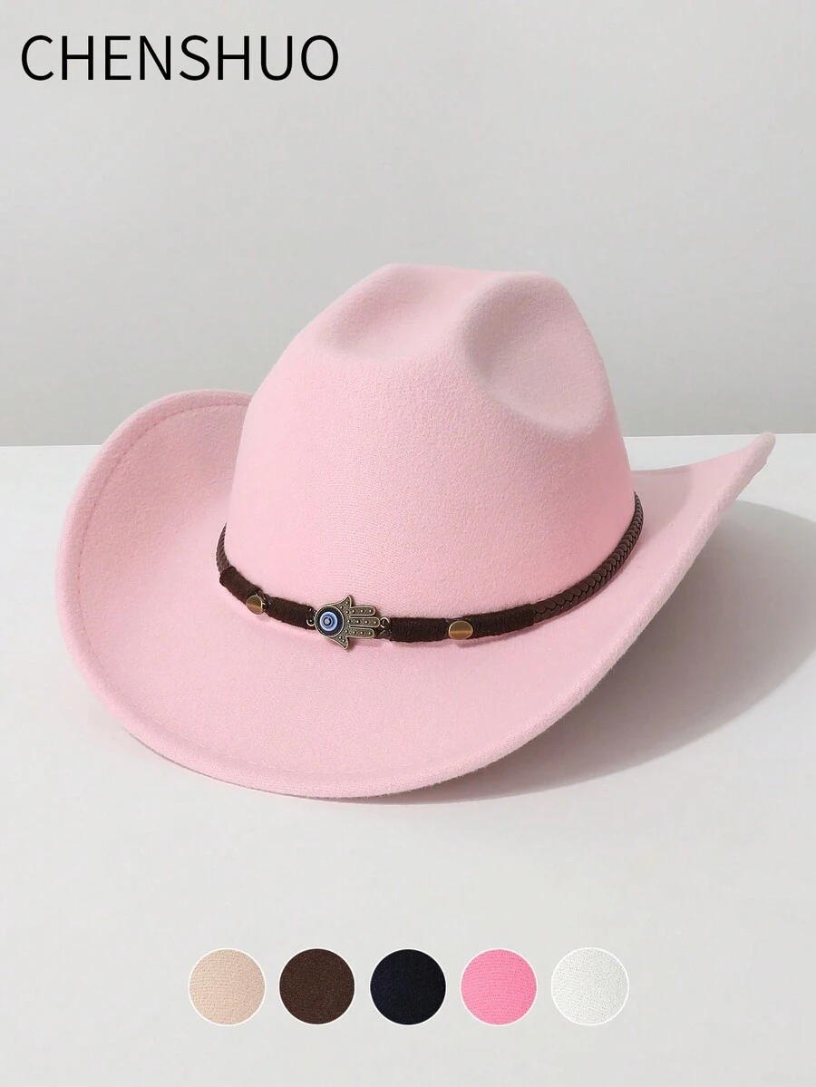 1pc Women's Solid Color Faux Wool Material, Hand-Woven Decoration, Western Cowboy Hat, Jazz Hat, Panama Hat, Suitable For Music Festival, Western Cowboy Theme Events, Retro Parties, Costume Plays, Fashion Shows, Festivals, Birthdays, Stage Performances, And Daily Wear - Top Hat - View 1