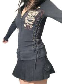 Women Y2k Zip Up Hoodies Sweatshirt Graphic Long Sleeve Oversized Bandage Hooded Sweatshirt Harajuku Grunge Pullover Teen Girls Jacket Streetwear - 深灰色 - 查看 3