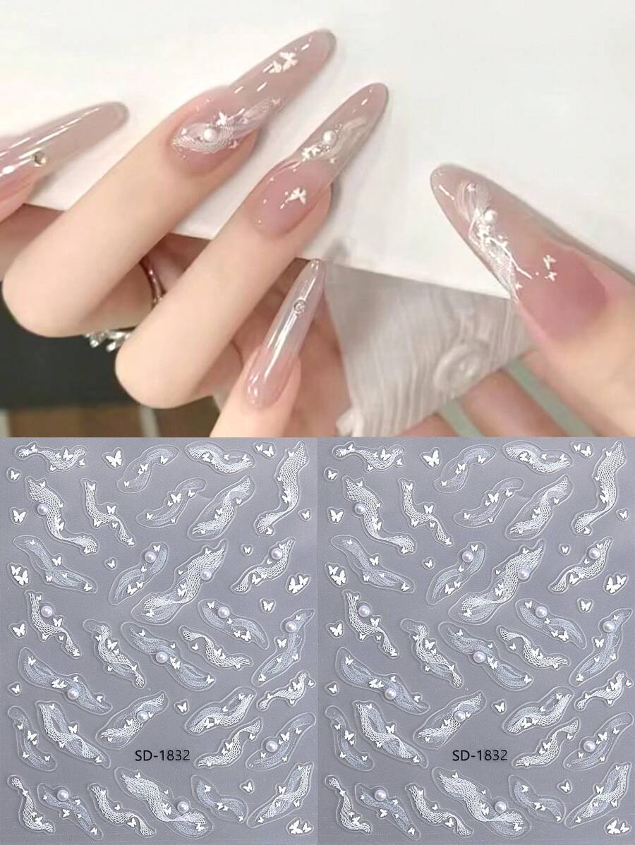 5D 白色蕾丝蝴蝶仿珍珠指甲贴纸 2 件优雅飘带不对称条纹线指甲饰品设计 DIY Y2K 风格自粘凝胶抛光贴花滑块美甲装饰 - 白色 - 查看 1