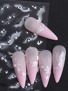 5D 白色蕾丝蝴蝶仿珍珠指甲贴纸 2 件优雅飘带不对称条纹线指甲饰品设计 DIY Y2K 风格自粘凝胶抛光贴花滑块美甲装饰 - 白色 - 查看 6