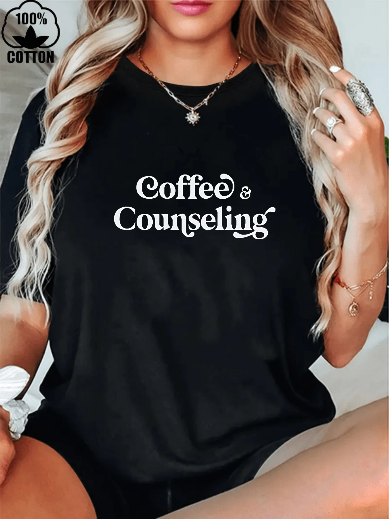 AINO 1 PC 100% Cotton Coffee And Counseling T-Shirt Women Graphic T-Shirt Counselor Gift Coffee Lover T-Shirt Gift 220g Heavy Cotton Halloween Women's Print T Shirt - màu đen - Xem 1