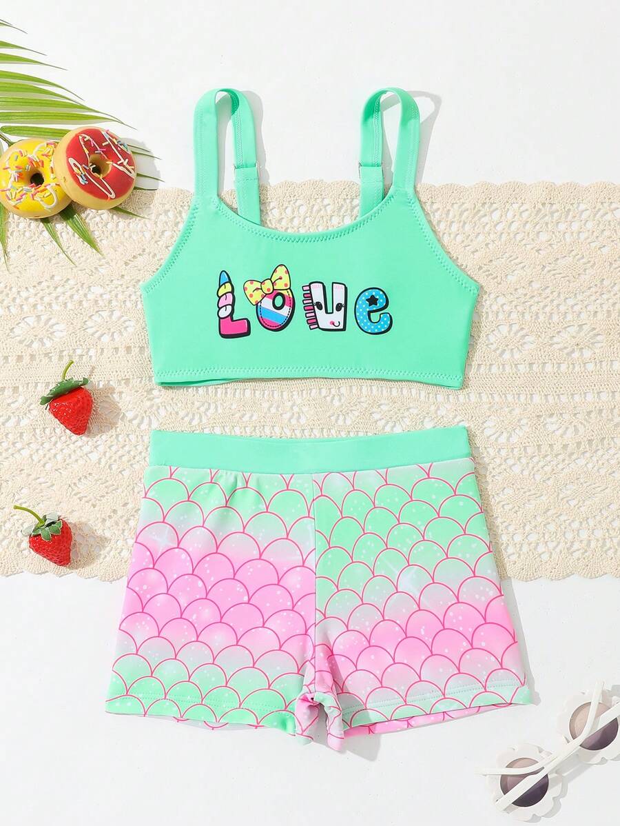 WD VEST Baby Beach Set - Plain Tank Top With 'Love' And Shorts With Scale Print 2024 - B3027 - màu xanh lá - Xem 1