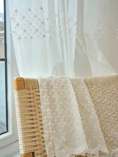 1pc European French Style New Luxury Crystal Beaded Embroidered Curtain, Elegant Home Decor For Bedroom Living Room Balcony, Dense Pearl Embroidery With Shiny Sequins, Draping Texture, Suitable For Party & Holiday Celebration