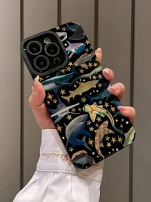 1pc Cute Shark Starry Pattern Soft Vertical Striped Faux Leather Shockproof Anti-Fingerprint Phone Case Compatible With Iphone And Models - Multicolor - View 3
