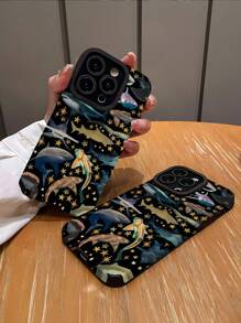 1pc Cute Shark Starry Pattern Soft Vertical Striped Faux Leather Shockproof Anti-Fingerprint Phone Case Compatible With Iphone And Models - Multicolor - View 2
