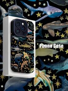 1pc Cute Shark Starry Pattern Soft Vertical Striped Faux Leather Shockproof Anti-Fingerprint Phone Case Compatible With Iphone And Models - Multicolor - View 1