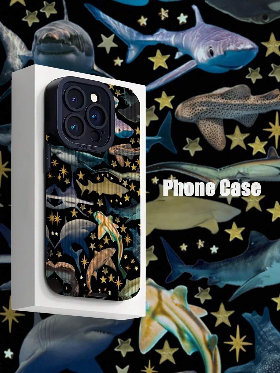1pc Cute Shark Starry Pattern Soft Vertical Striped Faux Leather Shockproof Anti-Fingerprint Phone Case Compatible With Iphone And Models - Multicolor - View 1