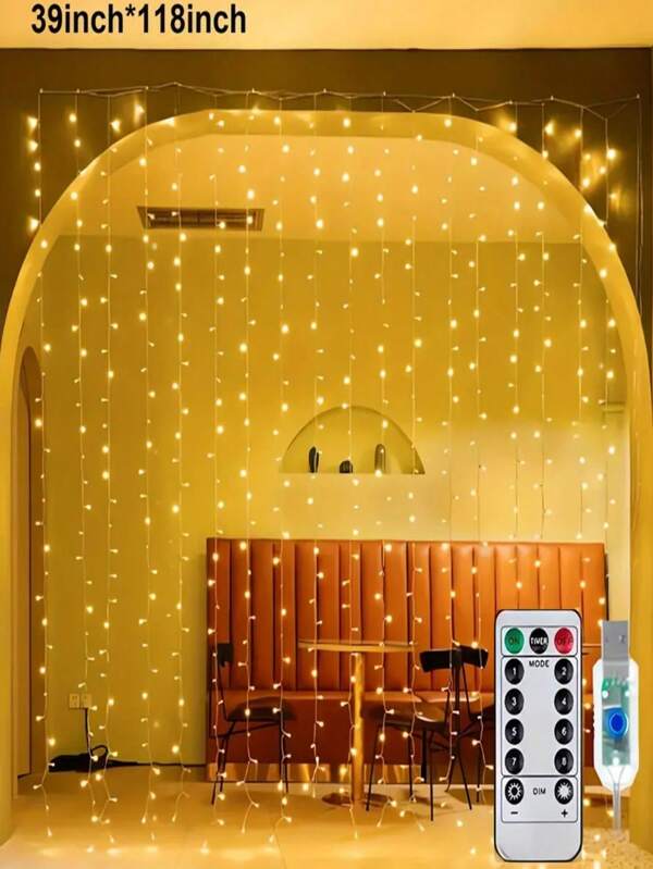 1 300/200/100 LED Curtain Light String, Fairy Light Strip Remote Control, 8 Modes 298.7*298.7/201/100 Cm Curtain Light, USB-Powered LED Curtain Light, USB Convenient Connection, Metal Curtain Light Strip Hanging Device, Brightness In Sleep Area