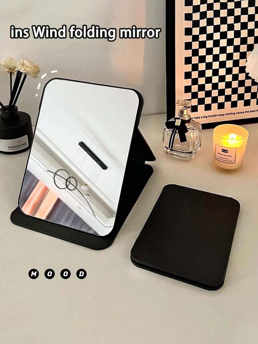 1 件折叠化妆镜，便携式梳妆镜，大尺寸简约设计，适合居家和旅行，高清 - 黑色 - 查看 1