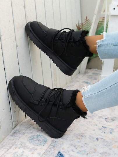 Women's Minimalist Thick Sole Classic Snow Boots, Warm Thermal Lined, Hook And Loop Closure, One-Push Slip-On, Black Fashionable For Fall And Winter,Fur Boots