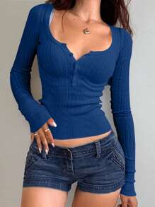 Mystra Women's Casual Button Ribbed Slim Fit Long Sleeve Sweater/T-Shirt, Suitable For Summer And Autumn/Winter Seasons