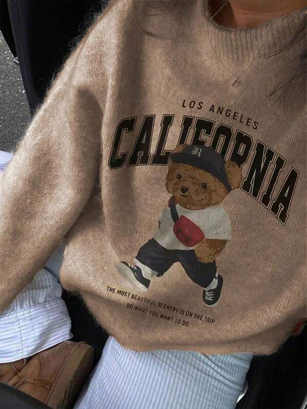 Femmes Décontracté Mode Imprimé Numérique Blanc Ours Imprimer Col Rond Pull, Convient Pour Le Port Quotidien, Les Déplacements Et Les Achats, Automne/Hiver