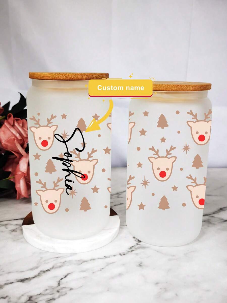 Sip Sip Hooray 驯鹿圣诞 16 盎司玻璃杯带盖和吸管，圣诞 16 盎司吸管玻璃杯，冰咖啡杯，节日马克杯礼物 - 磨砂 - 查看 1