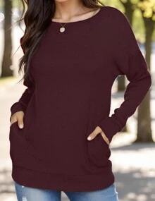 Sweatshirts For Women Crewneck Long Sleeve Shirts Tunic Tops For Leggings Fall Fashion - 酒紅色 - 查看 5