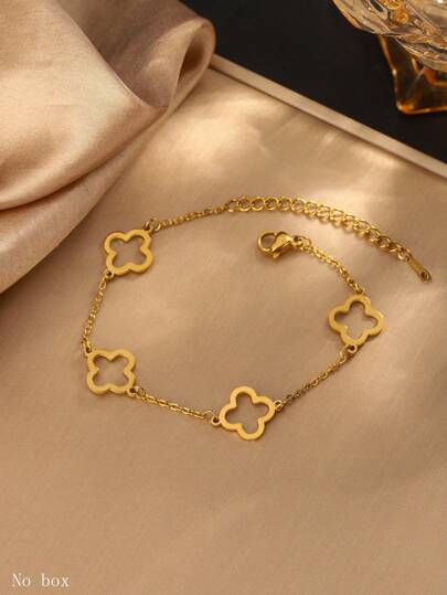 1pc Minimalist Elegant 18K Gold Plated Stainless Steel Hollow Four-Leaf Clover Shaped Chain Bracelet, Suitable For Women's Daily Or Date Wear, Or As Festival Gift