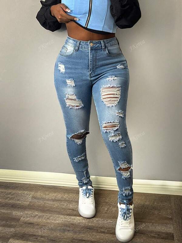 Women's Ripped Skinny Pocket Casual Jeans