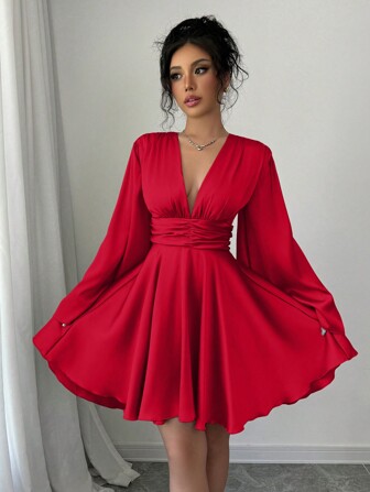 abyoxi Vestido de fiesta elegante de satén con cuello en V, mangas largas acampanadas, cintura fruncida y volantes en el bajo, adecuado para bodas, fiestas de cumpleaños, vuelta al colegio, otoño/invierno