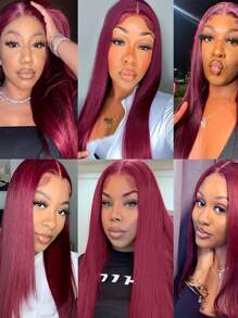 Eulisi 99J 勃艮第直发蕾丝前假发真人发 180 密度 13*6 透明蕾丝前假发真人发直发假发女士预拔婴儿头发万圣节服装 - S99J - 查看 10