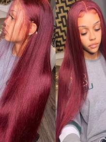 Eulisi 99J 勃艮第直发蕾丝前假发真人发 180 密度 13*6 透明蕾丝前假发真人发直发假发女士预拔婴儿头发万圣节服装 - S99J - 查看 4