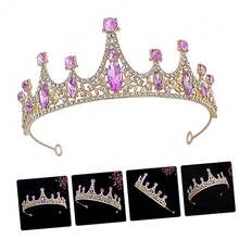 1 件新娘皇冠头饰，韩式水钻水晶婚礼发饰，生日派对表演装饰皇冠 - 紫色 - 查看 2