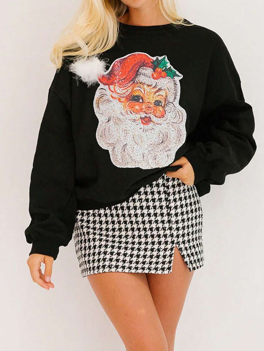 Santa Claus Print Sweatshirt With Pom Pom Decor, Casual And Fashionable For Everyday Wear