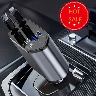 带四合一伸缩线缆的快速车载充电器，USB 车载充电器兼容 11/12/13/14/15/Pro Max、Galaxy S23/22、Pixel 和 iPad Pro 汽车配件