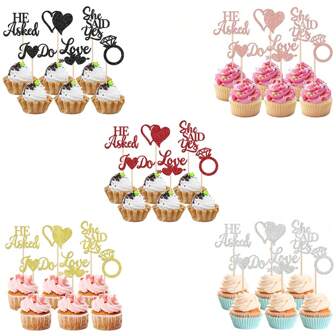 24pcs He Asked She Said Yes Cupcake Toppers Glitter Ring Heart I Do Cupcake Food Picks For Wedding Engagement Bridal Shower Party Cake Decorations Supplies