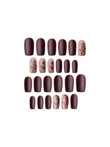 1 Box Of 24pcs Luxury Sweet Flower Black Short Ballerina Style False Nails For Girls And Ladies, Comes With 1pc Jelly Gel & 1pc Nail File Press On Nails