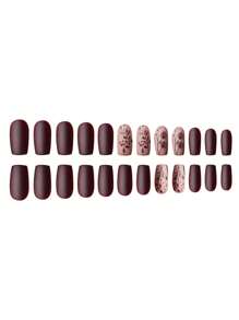 1 Box Of 24pcs Luxury Sweet Flower Black Short Ballerina Style False Nails For Girls And Ladies, Comes With 1pc Jelly Gel & 1pc Nail File Press On Nails