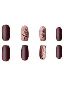 1 Box Of 24pcs Luxury Sweet Flower Black Short Ballerina Style False Nails For Girls And Ladies, Comes With 1pc Jelly Gel & 1pc Nail File Press On Nails