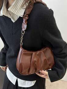 New Fashion Retro Commuting Black Simple Pleated Shoulder Cloud Bag - Brown - View 6
