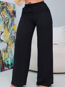 Duna Women's Wide Leg Pants With Elastic Waist And Pockets, High Waist - Đen / Xanh lục - Xem 1