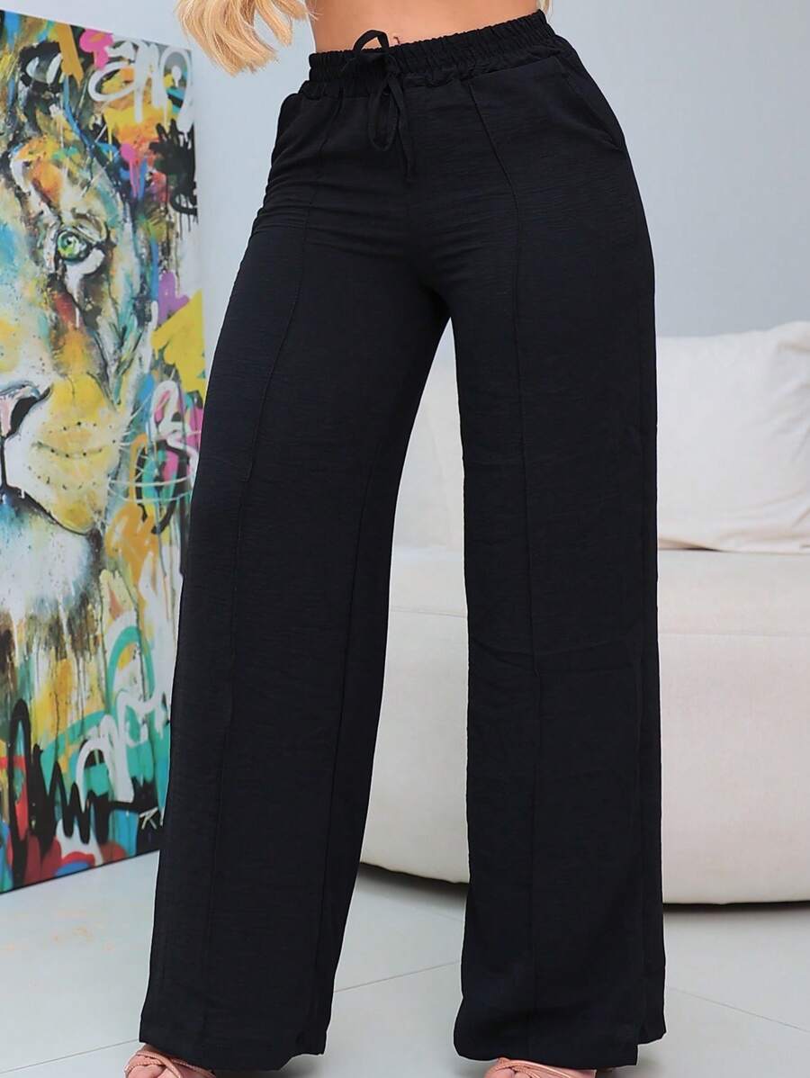 Duna Women's Wide Leg Pants With Elastic Waist And Pockets, High Waist - Đen / Xanh lục - Xem 1