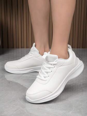 Women's Autumn/Winter Running Sneakers, Black, Waterproof Leather, Lace-Up, Soft Sole, Comfortable Casual Sportswear Shoes