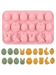 1个复活节硅胶巧克力模具，共有18个模腔，形状多样，包括彩蛋、兔子、兔头和篮子。适合DIY制作巧克力、糖果和果冻，方便实用。 - 粉色 - 查看 7