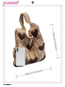 Túi Tote đan họa tiết trái tim cổ điển, Túi đeo vai thời trang hàng ngày cho phụ nữ, Túi mua sắm móc len - Màu Khaki - Xem 5