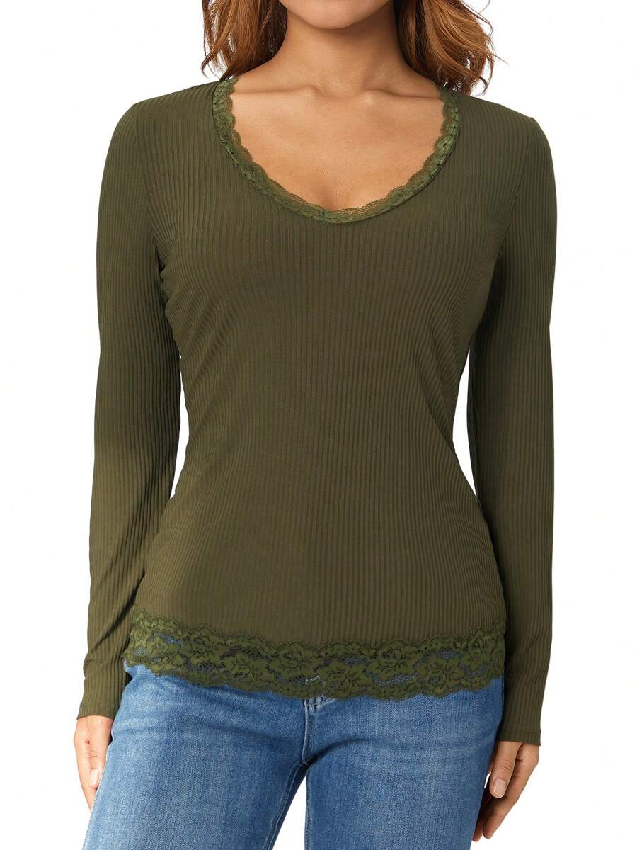 Women Fashion Wild T-Shirts Lace Trim Patchwork Scoop Neck Long Sleeve Tops Spring Autumn Slim Fit Bottoming Shirts - màu xanh lá - Xem 1