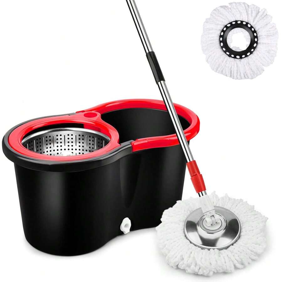 Spin Mop And Bucket, 360 Mop And Bucket With Wringer Set 3 Mop Heads, Stainless Steel Floor Spin Mop Bucket System For Floor Cleaning - 1 Mop Head-BLACK - View 1