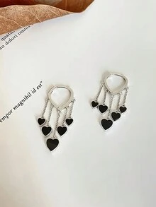 1 对时尚黑色心形流苏吊坠耳环，适合女士 - 銀色 - 查看 2