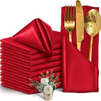 24 pièces de serviettes en polyester à bordure de satin, 30 cm x 30 cm et 43 cm x 43 cm, pour mariage, hôtel, restaurant, café, dîner de Noël, photographie culinaire