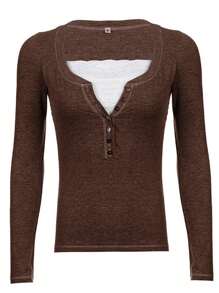 Women Y2k Lace Patchwork Shirt Top Fairycore Lace Trim V Neck Long Sleeve Button Front Slim Fit T Shirts Crop Tops Sping Fall Going Out Tee Tops Teen Girls Vintage Aesthetic Grunge Clothes Casual Tunic Top Blouse Streetwear - 棕色 - 查看 3